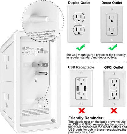 5-Outlet Surge Protector Wall Charger with 4 USB Ports - 1680J Multi Plug for Home, Office, Travel