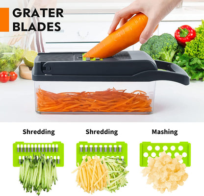 Vegetable Chopper, Pro Onion Chopper, 14 in 1Multifunctional Food Chopper, Kitchen Vegetable Slicer Dicer Cutter,Veggie Chopper with 8 Blades,Carrot Chopper with Container (Grey)