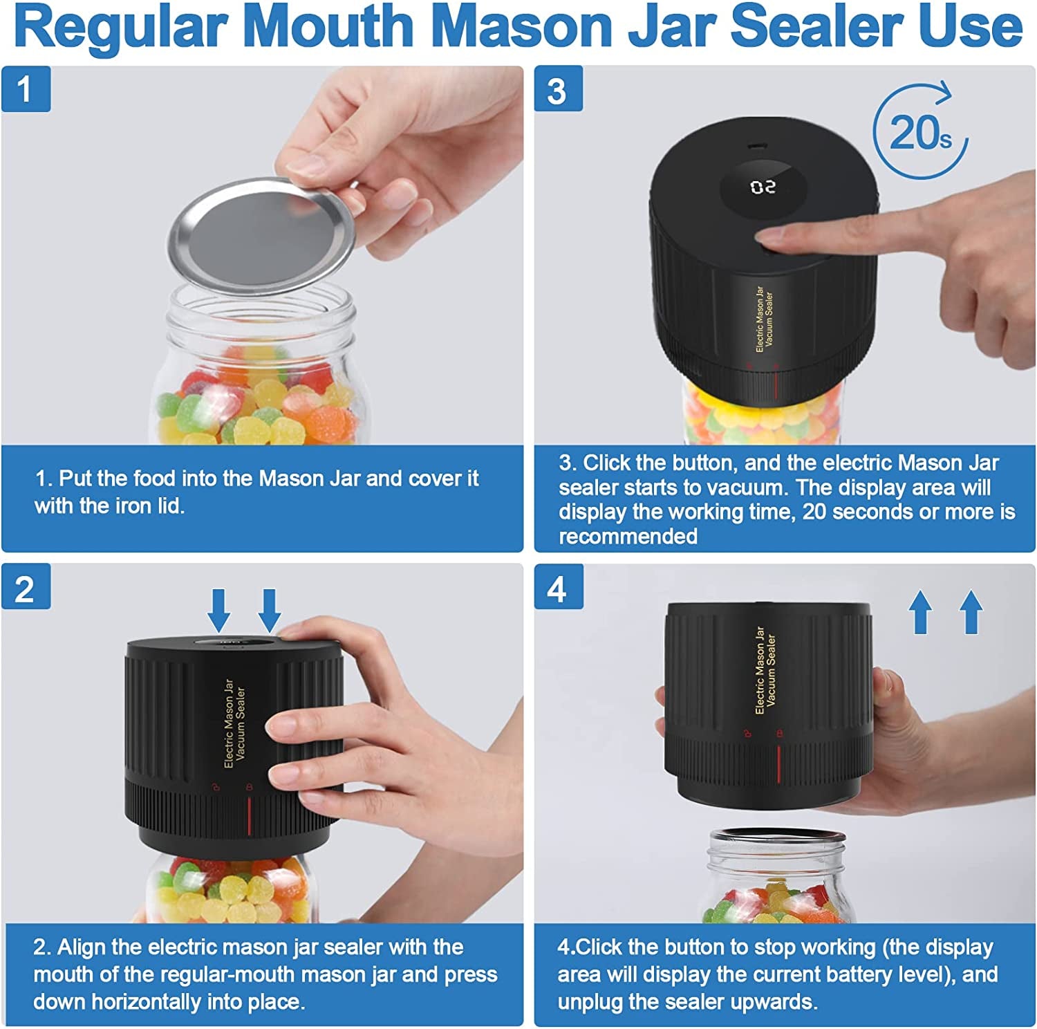 Electric Mason Jar Vacuum Sealer Kit for Wide Mouth and Regular Mouth Mason Jars