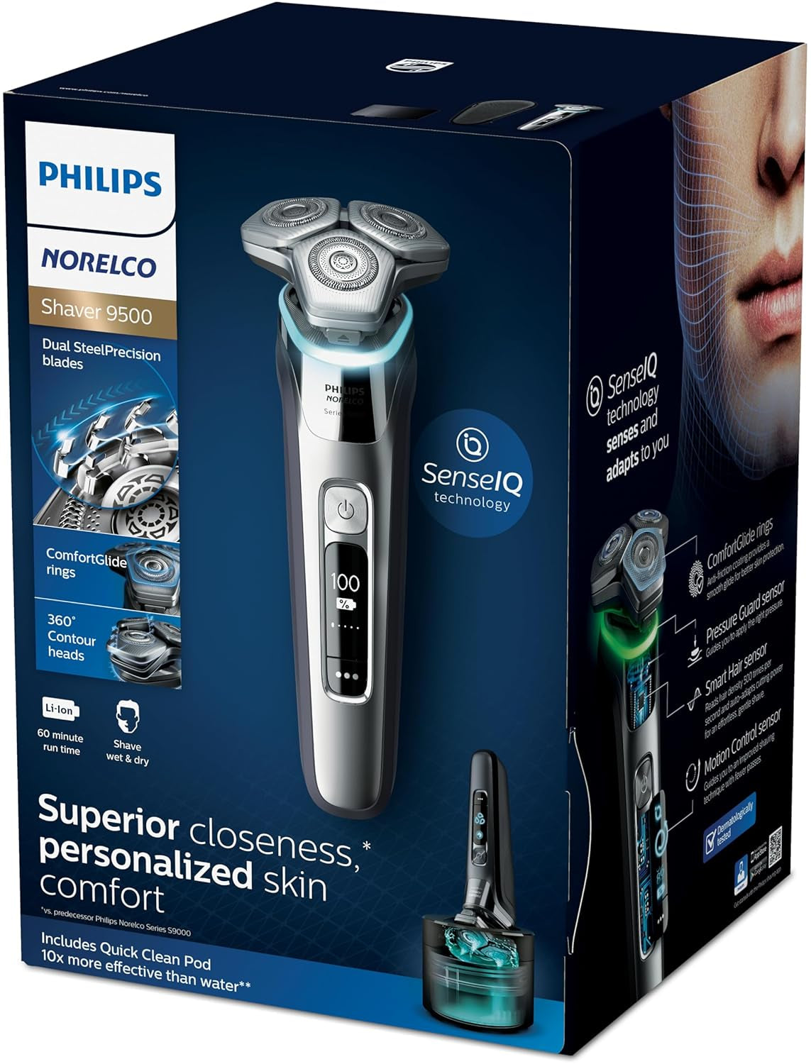 9500 Rechargeable Wet & Dry Electric Shaver with Quick Clean, Travel Case, Pop up Trimmer, S9985/84, Black