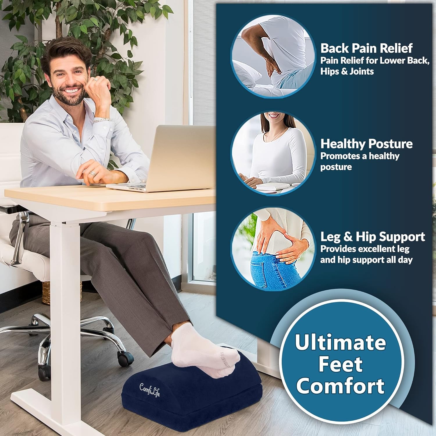Foot Rest under Desk for Office Use – Adjustable Height Memory Foam Foot Stool under Desk for Office Chair & Gaming Chair – Ergonomic under Desk Foot Rest for Back & Hip Pain Relief (Navy)