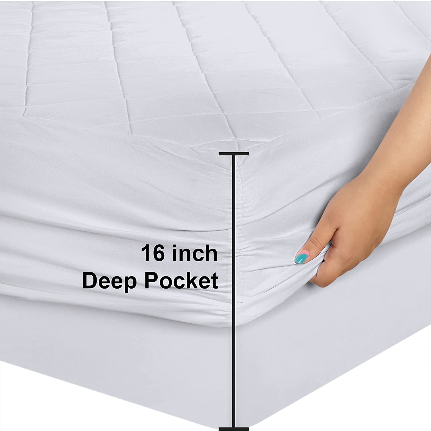 Quilted Fitted Mattress Pad (Queen) - Elastic Fitted Mattress Protector - Mattress Cover Stretches up to 16 Inches Deep - Machine Washable Mattress Topper