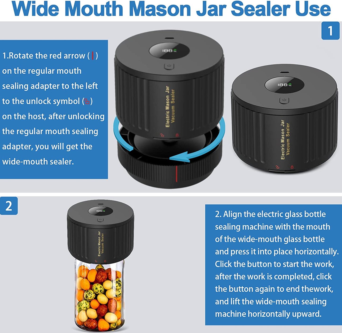 Electric Mason Jar Vacuum Sealer Kit for Wide Mouth and Regular Mouth Mason Jars