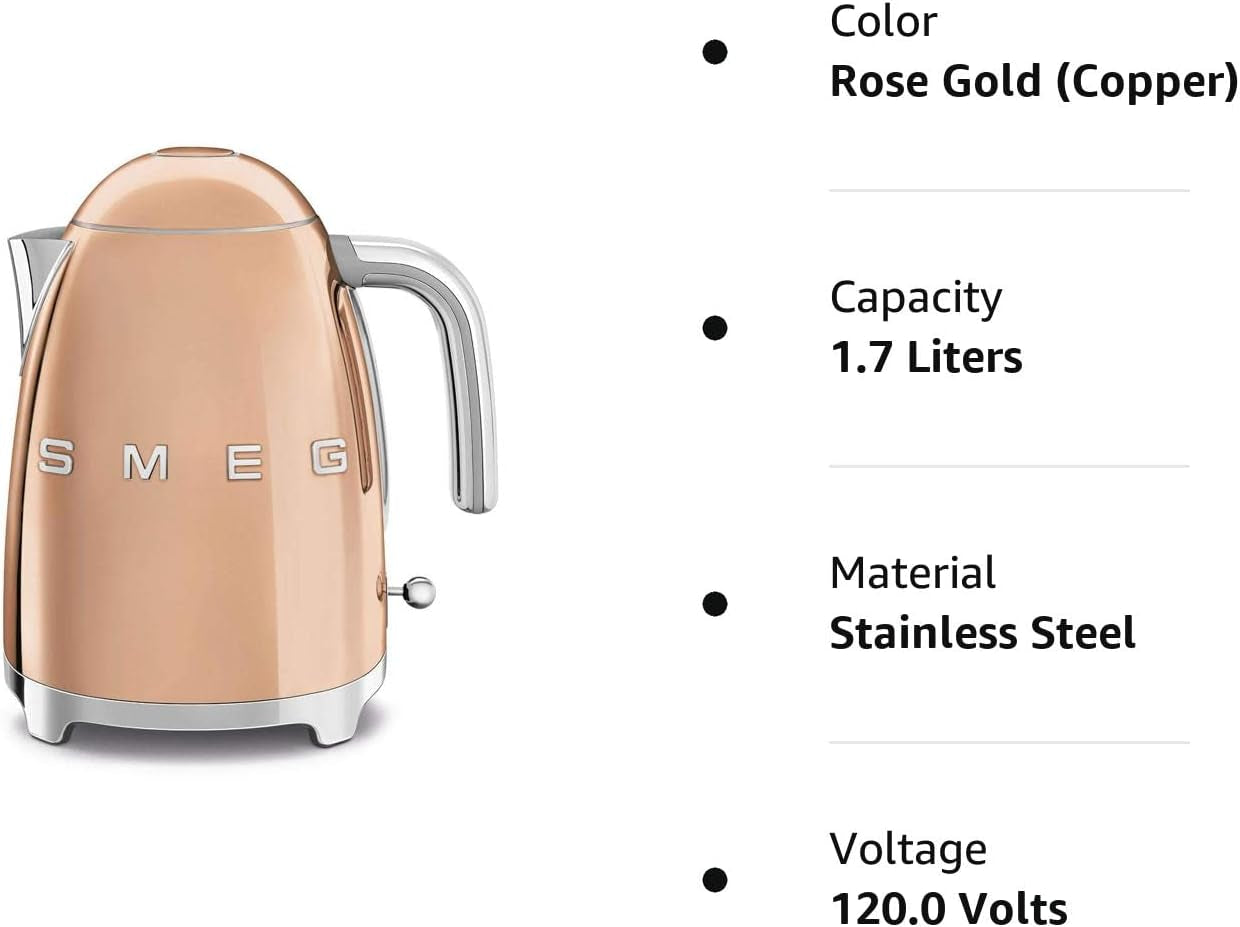 KLF03RGUS 50'S Retro Style Aesthetic Electric Kettle with Embossed Logo, Rose Gold