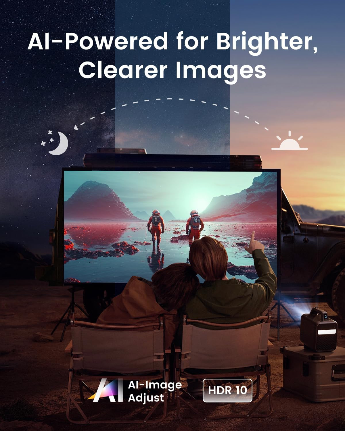 Mars 3 Outdoor Portable Projector, 1000 ANSI Lumens, Ai-Powered Image, Built-In Battery with 5 Hour Playtime, Android TV, 200 Inch Home Theater, Camping, Road Trip, Backyard, or Anywhere