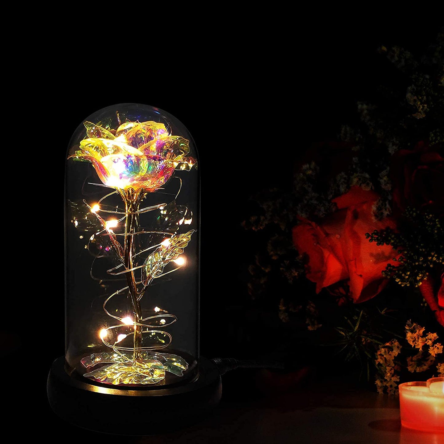 Everlasting Rainbow Rose in Glass Dome - LED Light - Growing Apex Family