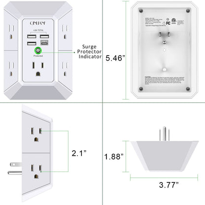 Wall Charger, Surge Protector,  5 Outlet Extender with 4 USB Charging Ports (4.8A Total) 3-Sided 1680J Power Strip Multi Plug Adapter Spaced for Home Travel Office (3U1C) - Growing Apex Tech
