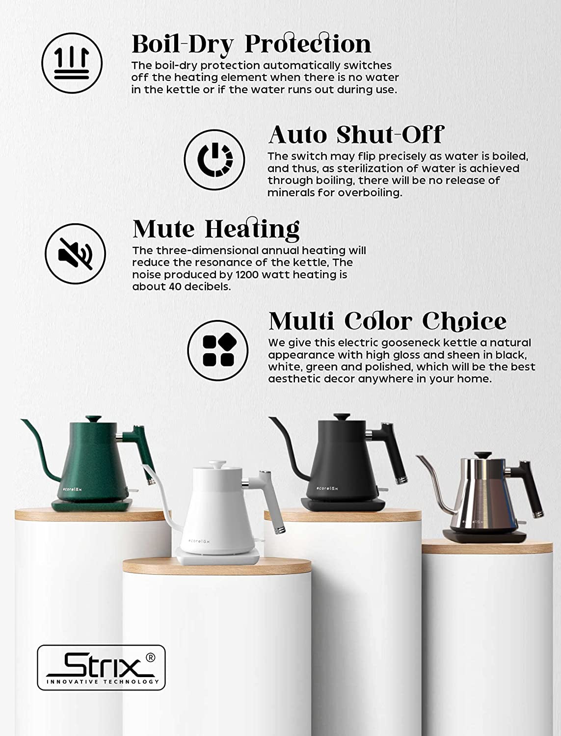 Gooseneck Electric Kettle, Pour over Coffee and Tea Kettle, 100% Stainless Steel Inner with Leak Proof Design, 1200W Rapid Heating, Strix Boil-Dry Protection, 0.8L, Matte White - Growing Apex